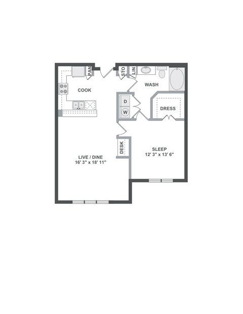 Floor plan for 1 bed, 1 bath, 864 sqft